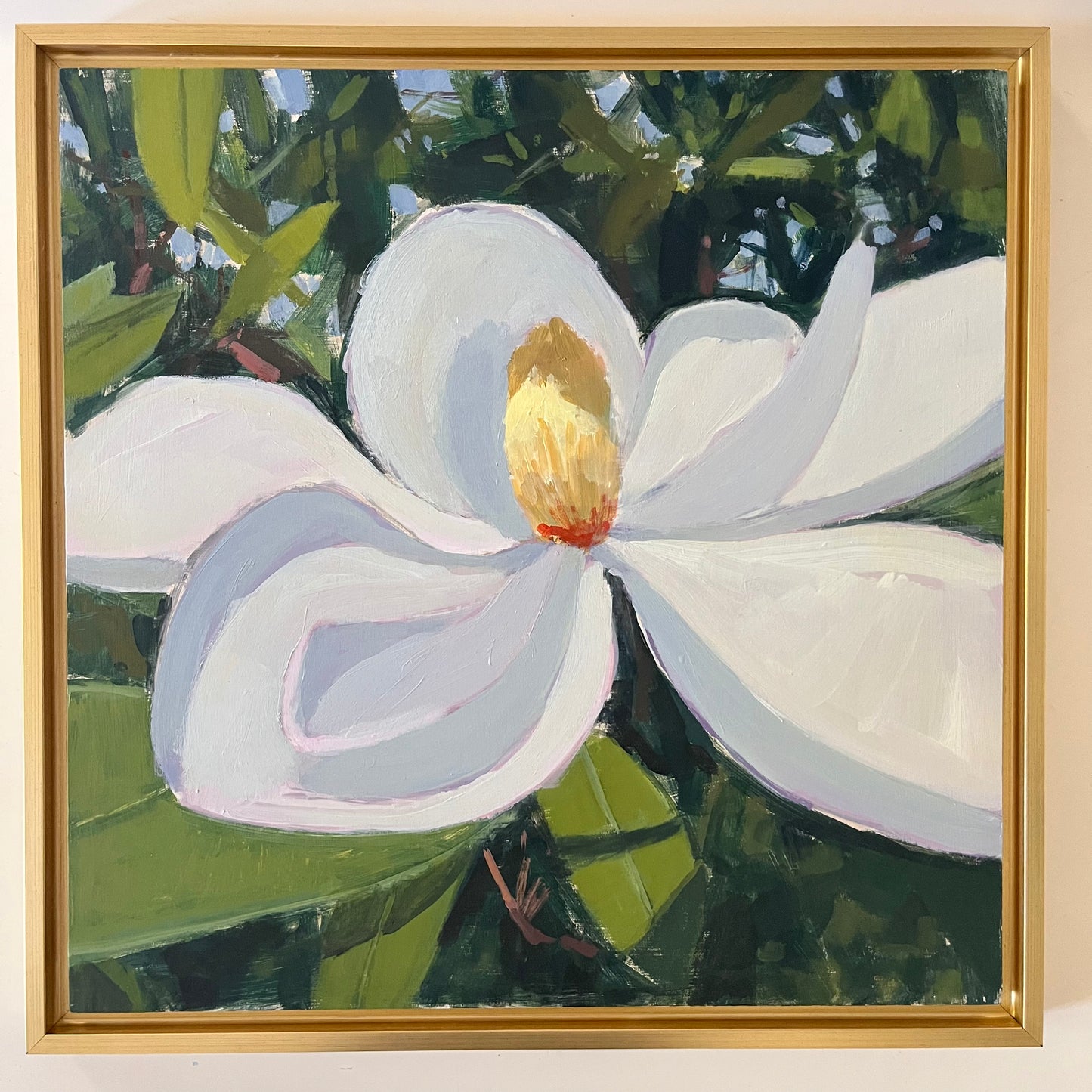 Magnolia Bloom no 2, original still life painting by Maggie Stickney