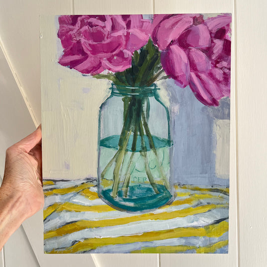 Peonies on Stripped Cloth, original painting by Maggie Stickney