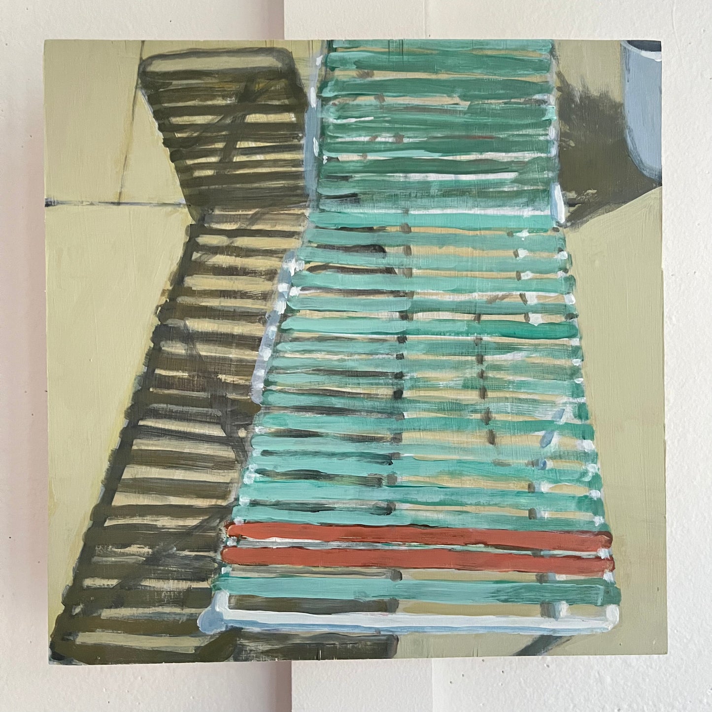 Poolside — a turquoise slatted lounge chair casting striped shadows beside a pool. Painting by Maggie Stickney.