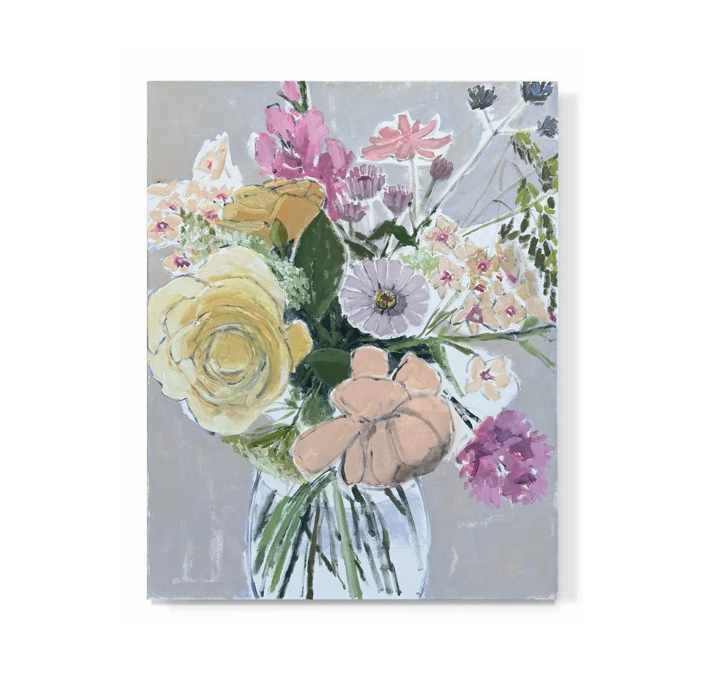 Original still life painting of summer blooms in a glass vase filled with water.