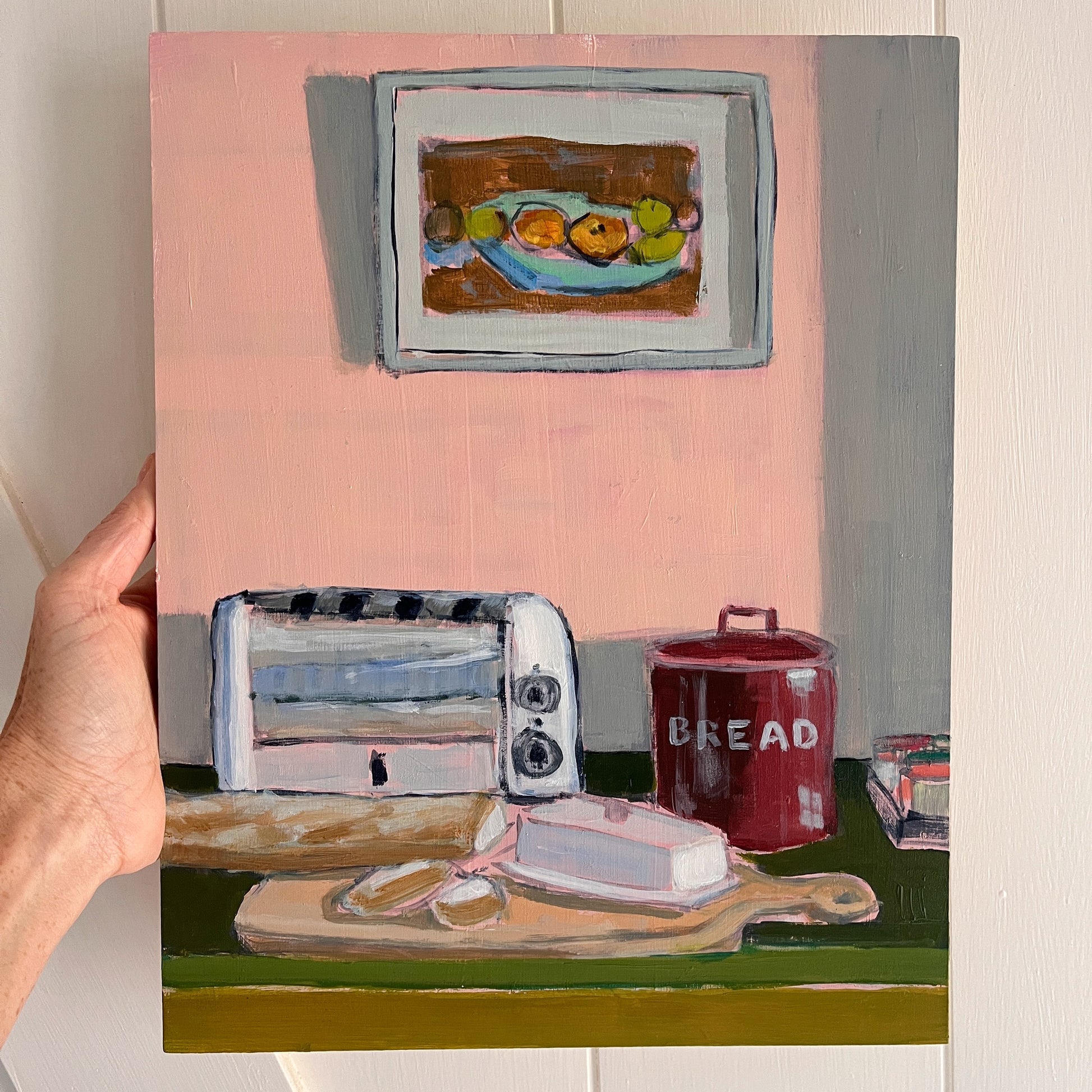 Atkins Schmatkins, original still life painting by Maggie Stickney
