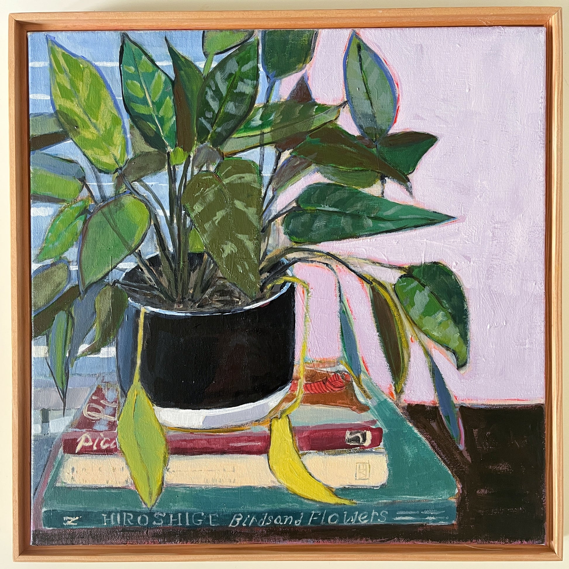 Potted Plant on a Stack of Books, original still life painting by Maggie Stickney