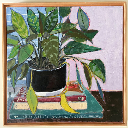 Potted Plant on a Stack of Books, original still life painting by Maggie Stickney