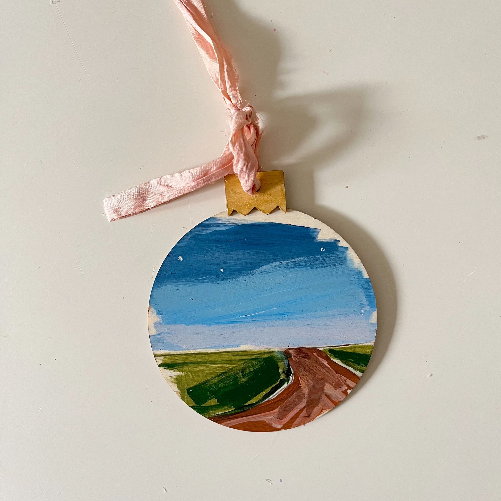 Dirt Road Ornament no 1, hand-painted ornament by Maggie Stickney